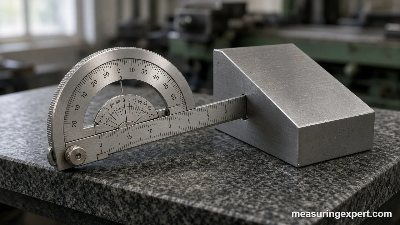 Bevel protractor measuring a machined angle
