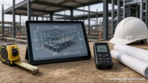 BIM measurement on a construction site with a tablet model, tape and laser measurer