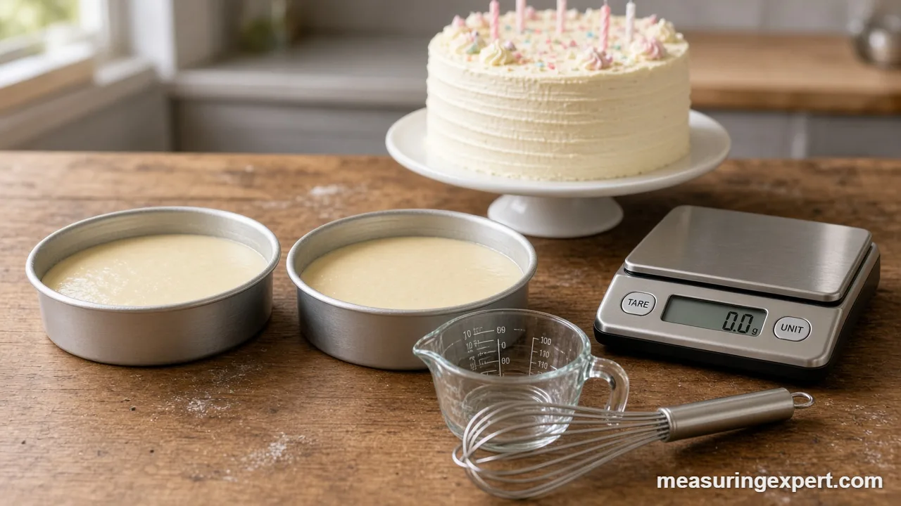 Measure birthday cake ingredients with a kitchen scale, pans and measuring cups
