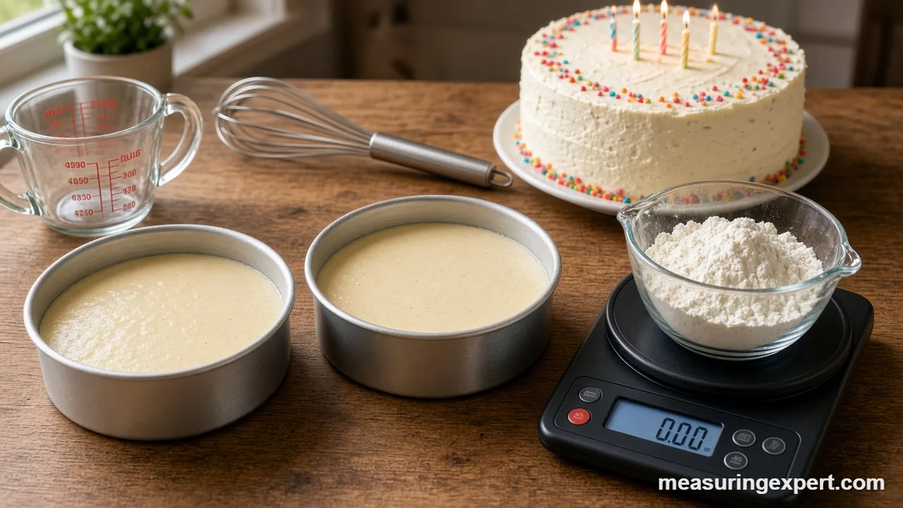 Measure birthday cake ingredients by filling round cake pans about two thirds full