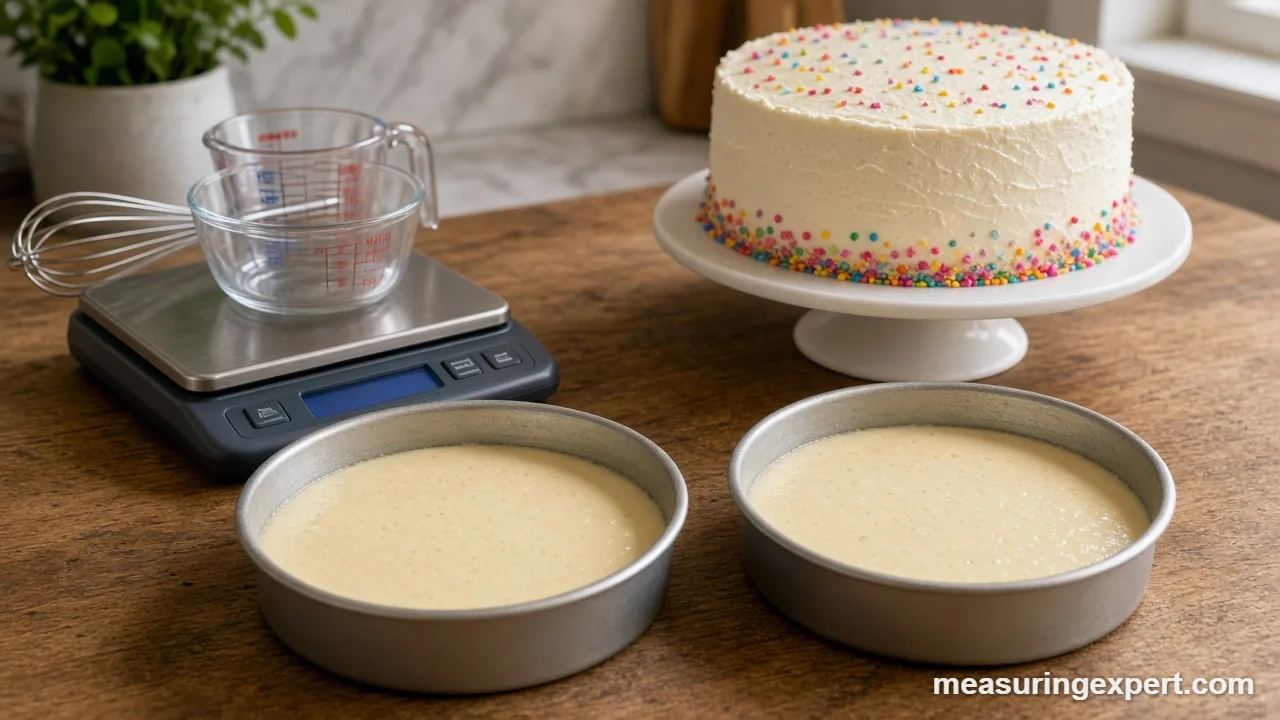Frosted layer cake after you measure birthday cake ingredients and scale the batter