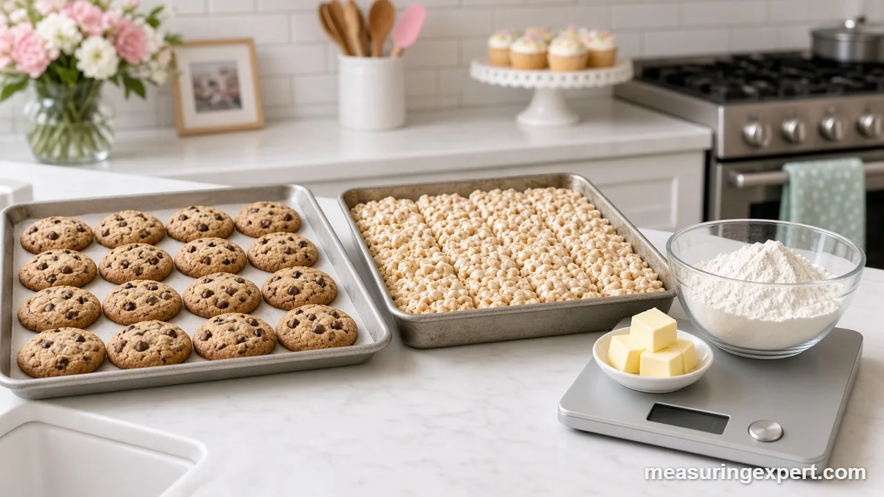 Birthday party treats cookies and cereal squares next to a kitchen scale