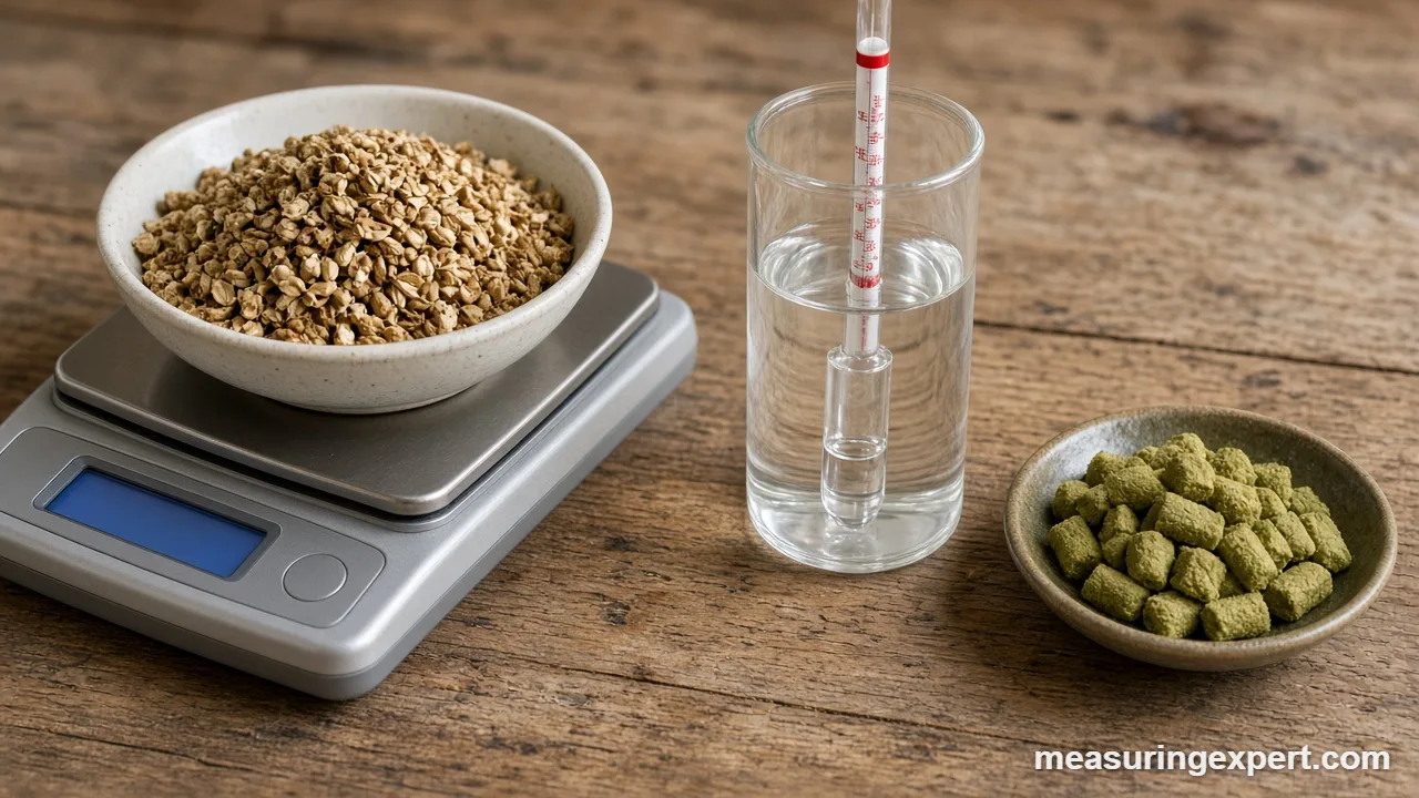 Scale, malted barley and hops used to measure brewing ingredients
