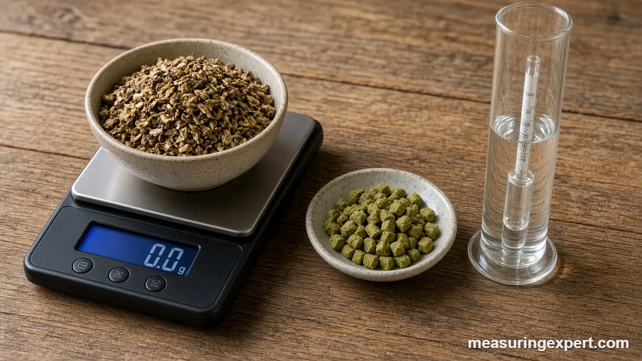 Hop pellets weighed to measure brewing ingredients