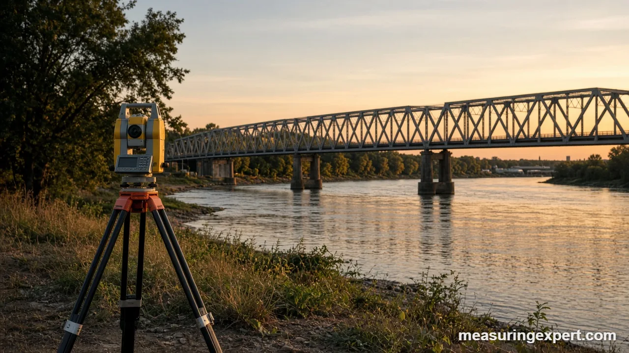 Bridge angle measurement with a total station beside a steel truss bridge