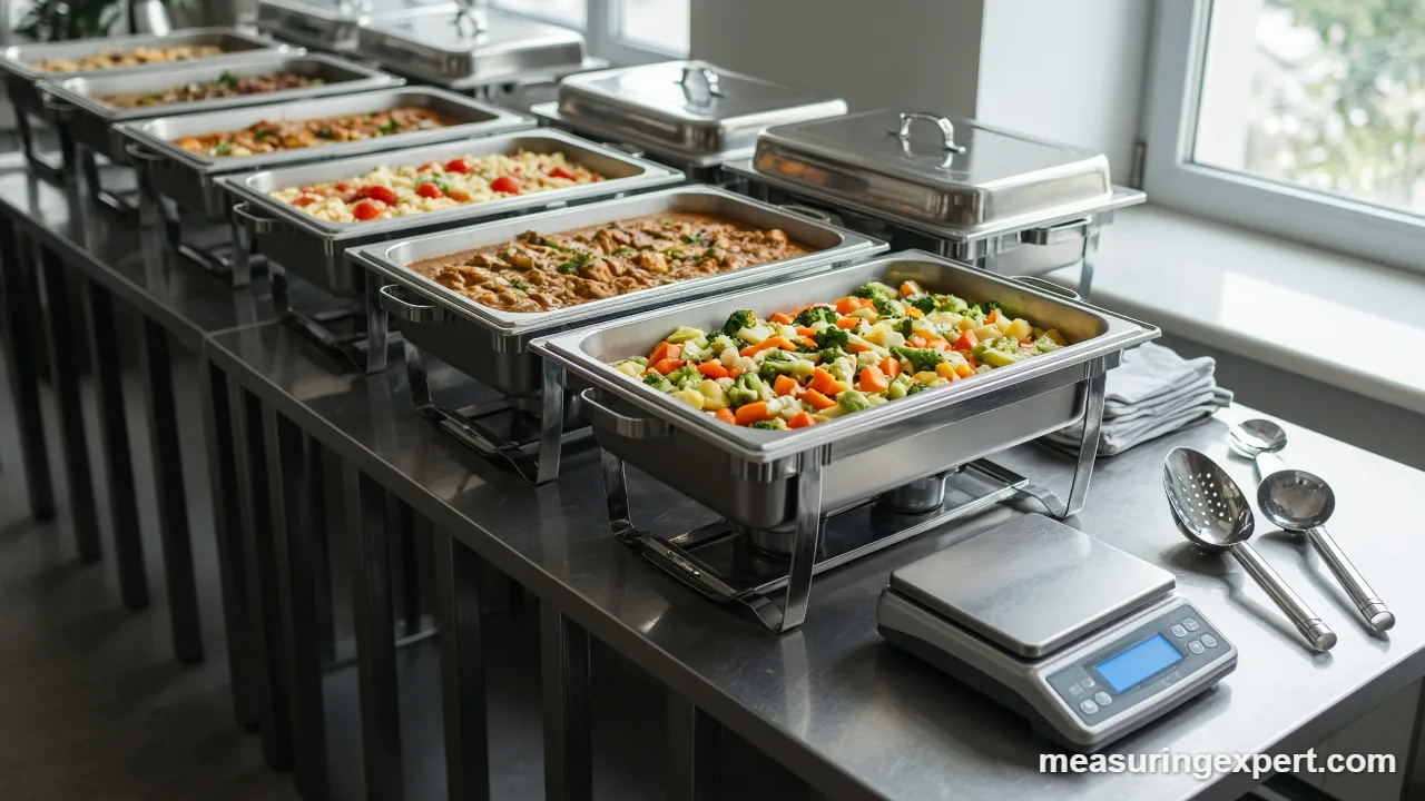 Digital scale and measuring cups used to measure ingredients for buffet cooking