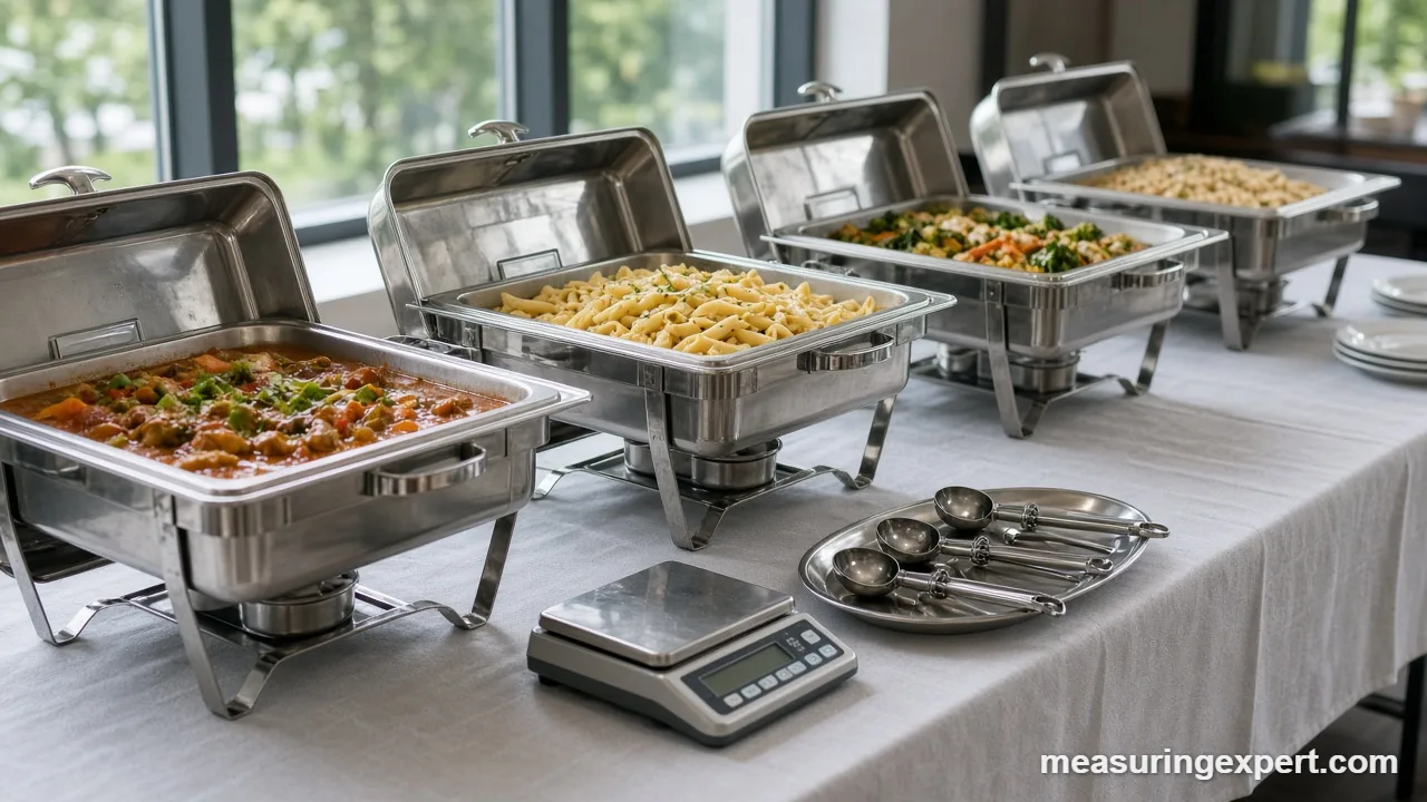Portion scoops and chafing dishes to measure ingredients for buffet service