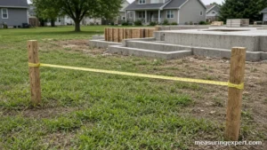 Building setbacks check with a long tape measure stretched from a string line to a foundation