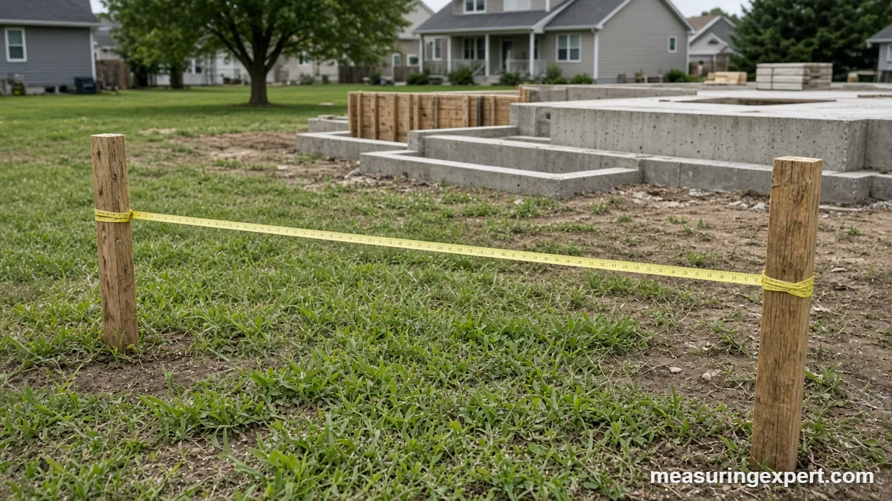 Building setbacks check with a long tape measure stretched from a string line to a foundation