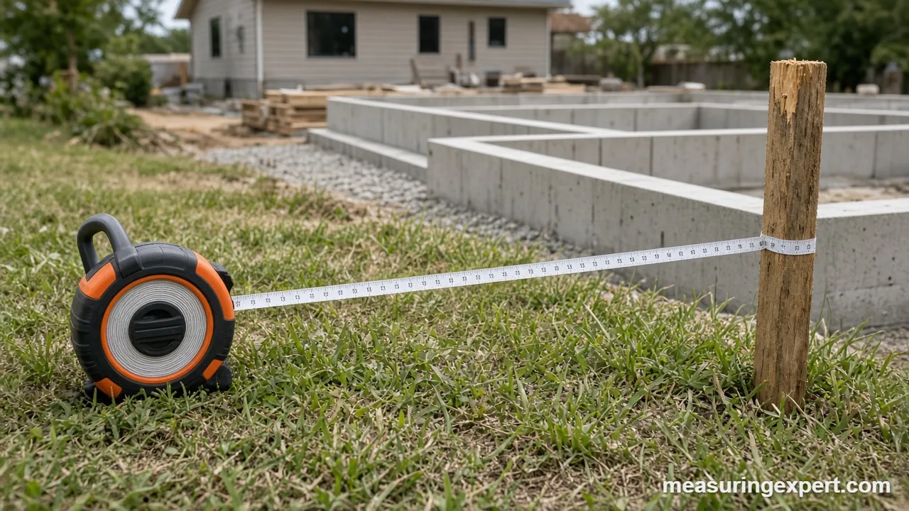 Tape measure and string line marking building setbacks on a residential lot