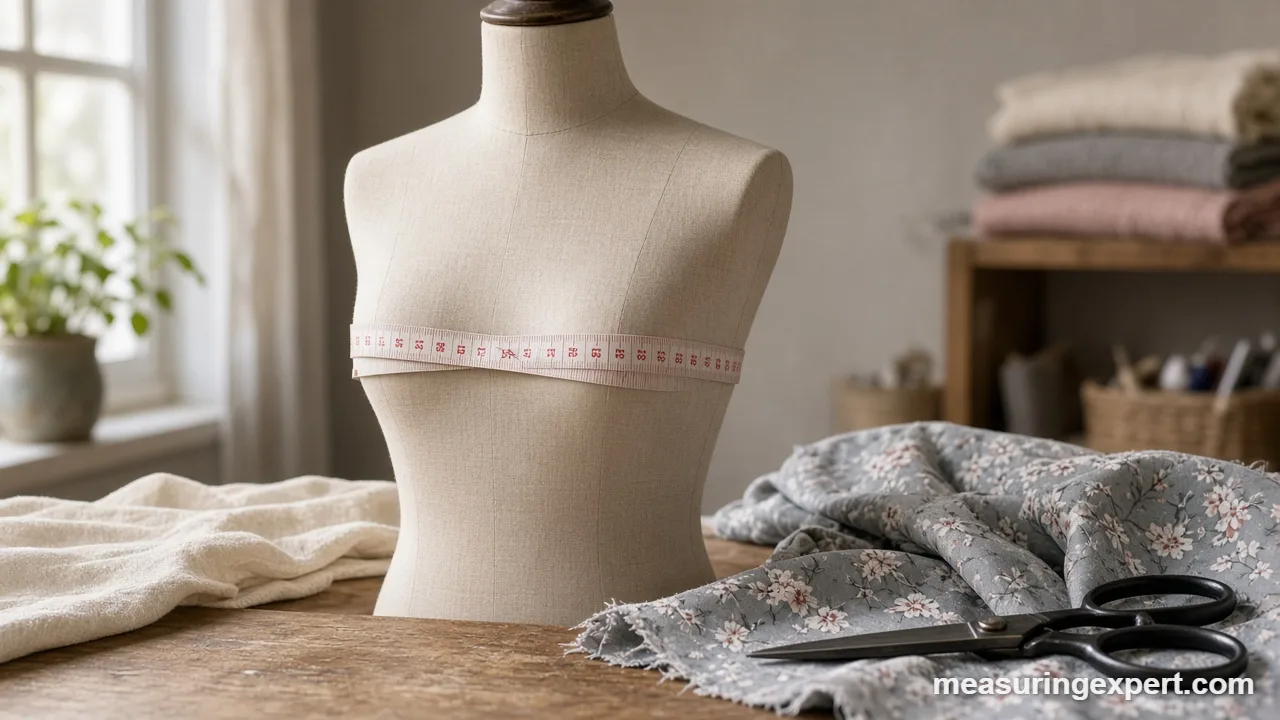 Bust measurement on a dress form with a tape