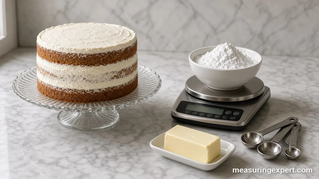 Cake decorating measurements with a frosted cake, kitchen scale and powdered sugar