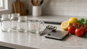 Tools to measure ingredients for canning: jars, measuring cup, spoons and scale