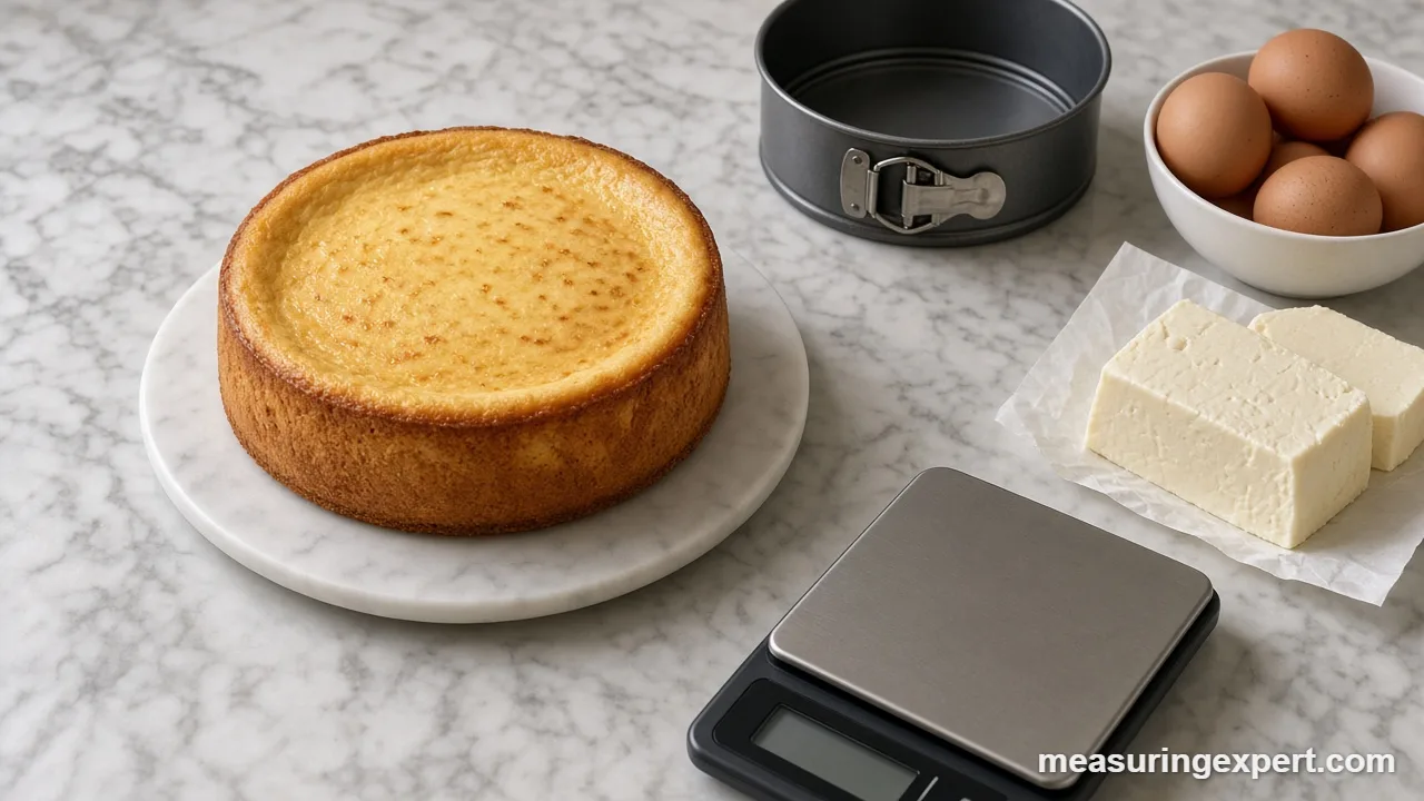 Cheesecake with a kitchen scale and cream cheese to measure ingredients for cheesecake