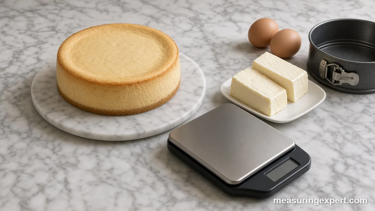 Springform pan and thermometer used to measure ingredients for cheesecake