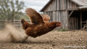 Chicken speed while running across a farmyard