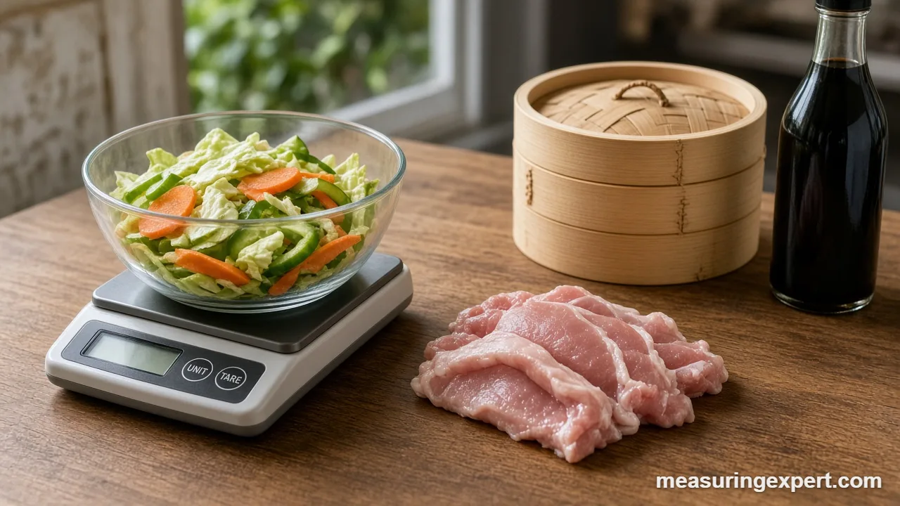 Vegetables on a scale showing Chinese cooking measurements in grams