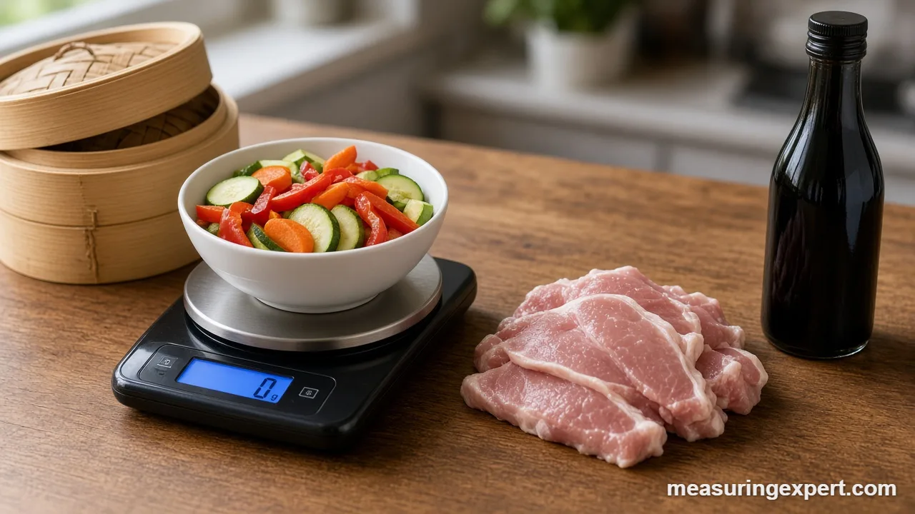 Raw pork slices weighed to follow Chinese cooking measurements