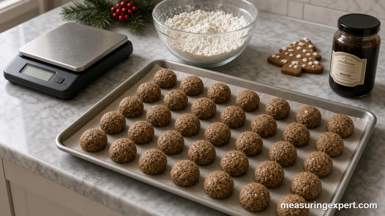 Christmas baking measurements with a digital scale, flour and cookie dough