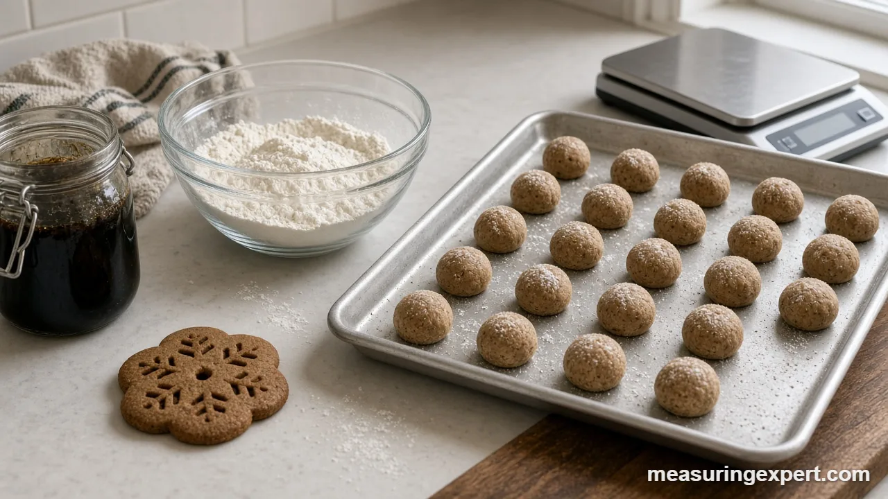 Christmas baking measurements: scaling cookie dough balls on a baking sheet
