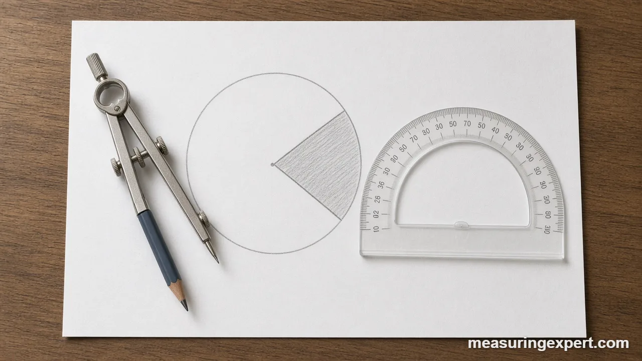 A drawn circle with a sector showing angles and arcs