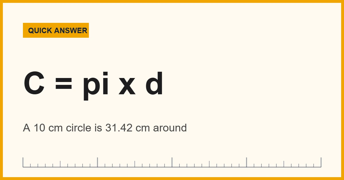 Circumference of a circle formula C = pi x d shown with a 10 cm example