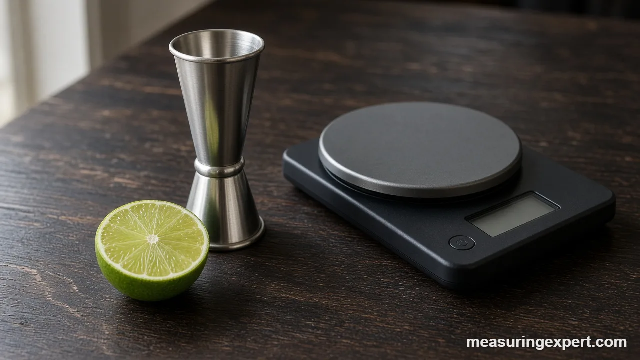 Measure ingredients for cocktails with a stainless steel jigger and kitchen scale