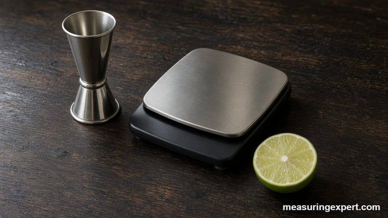 Measure ingredients for cocktails: a double jigger on a bar counter