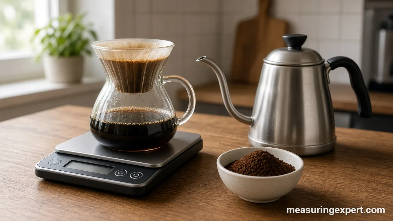Digital scale and kettle ready to measure a coffee brewing ratio