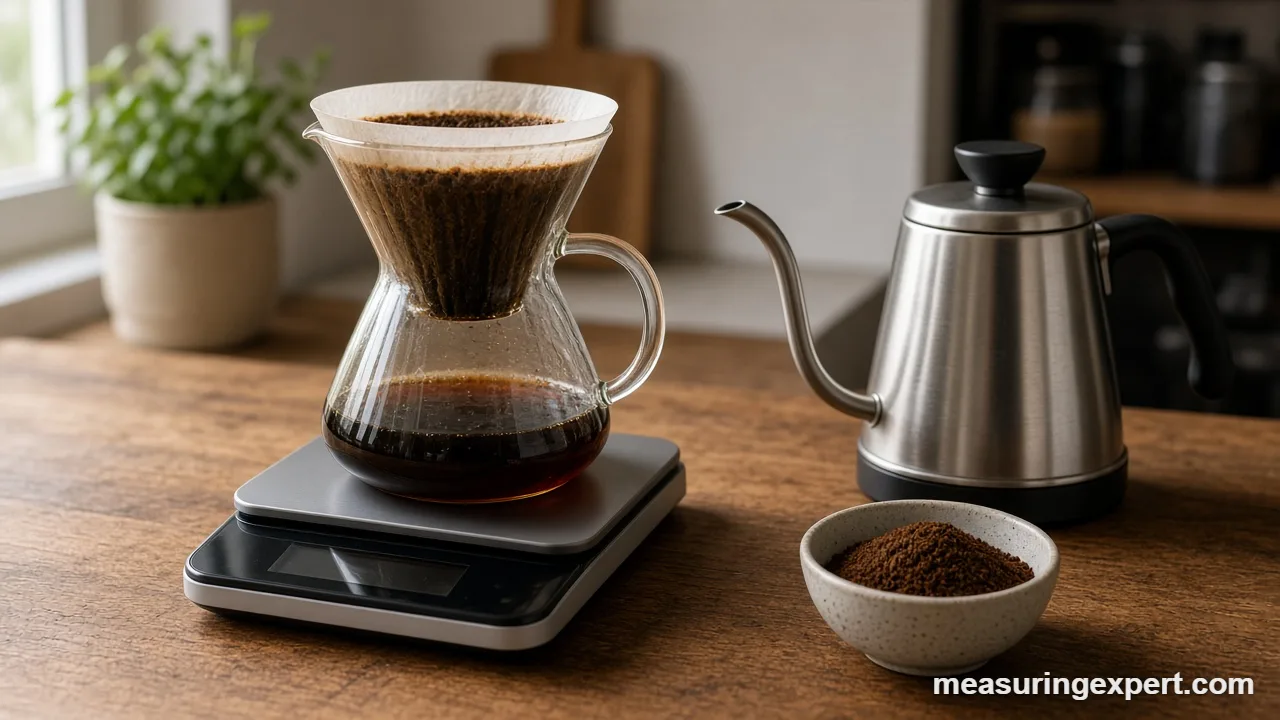 Pour-over setup showing a coffee brewing ratio by weight