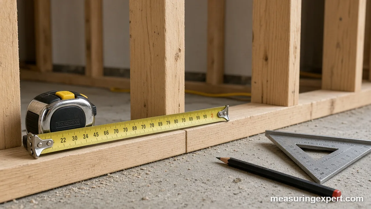 Construction measurement mistakes: tape measure and speed square on a framed wall
