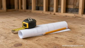 Tape measure and blueprints used for construction measurement precision