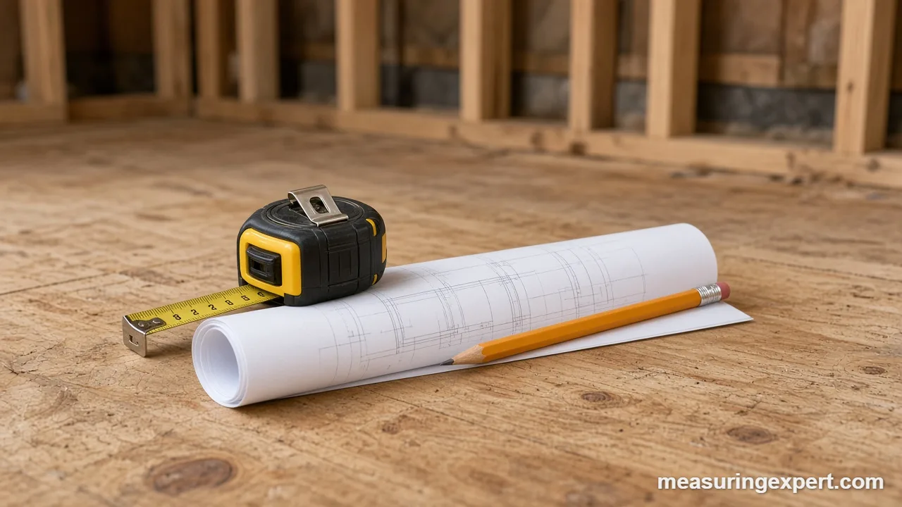 Tape measure and blueprints used for construction measurement precision