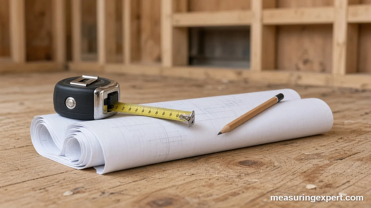 Construction measurement precision with a tape measure on a plywood subfloor