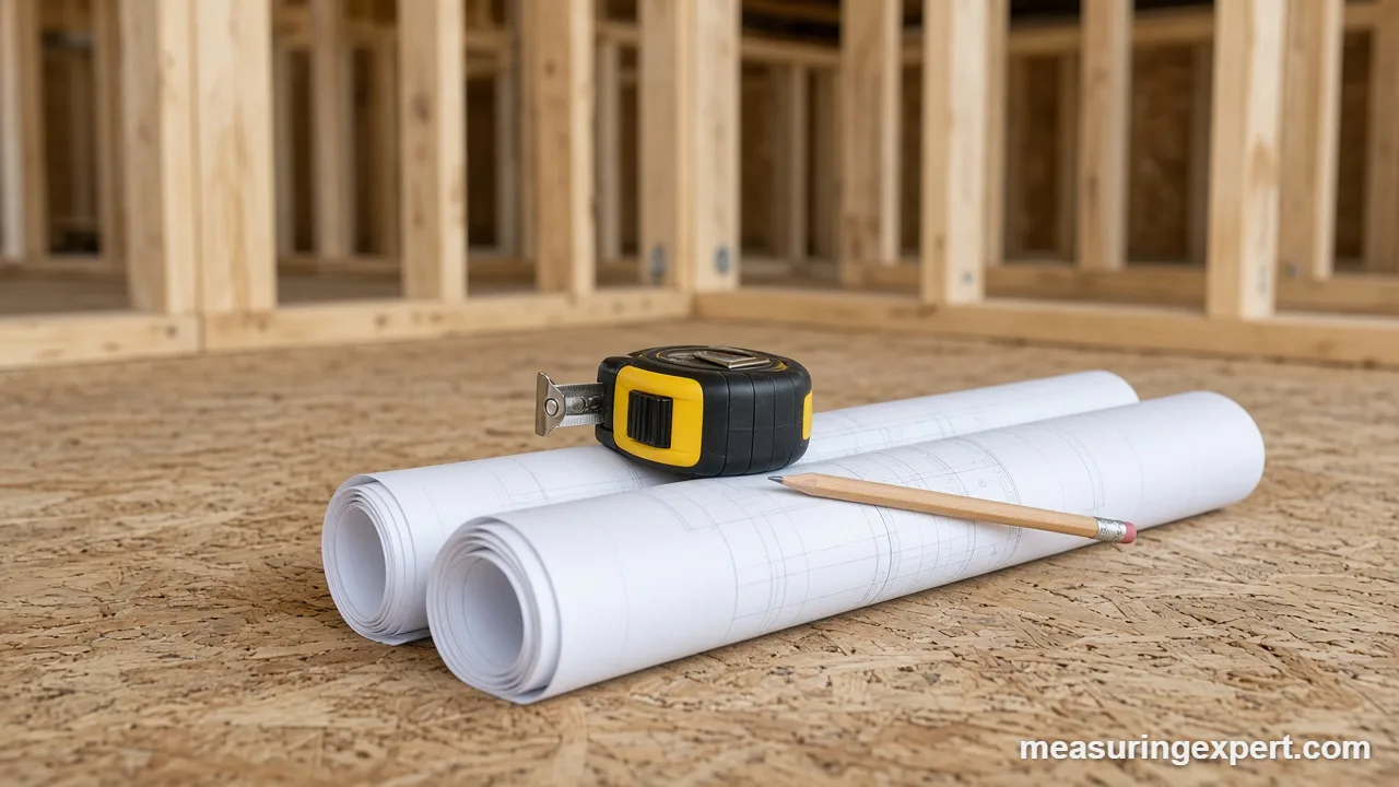 Construction measurement tools and plans at a framing site