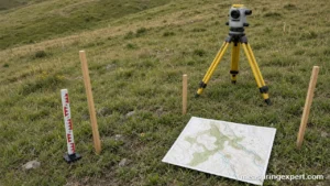 Contour lines survey site with level, tripod and stakes on a hillside