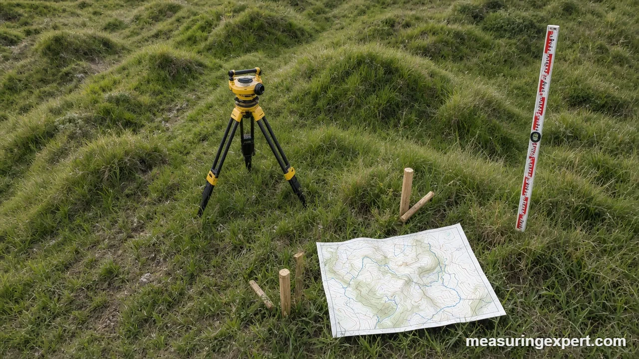 Surveying level and stakes used to measure contour lines on a slope
