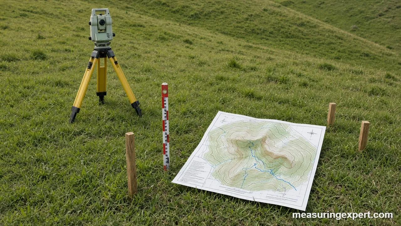 Topographic map with contour lines beside leveling equipment