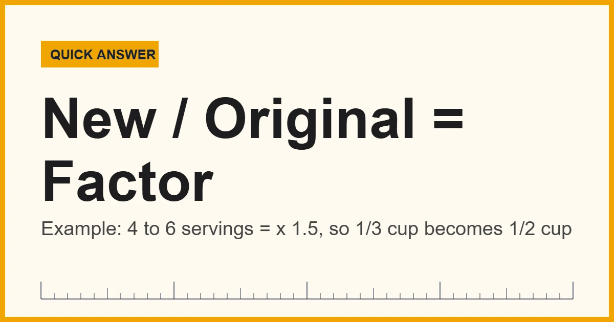 How to convert recipe measurements: multiply each ingredient by new servings divided by original servings