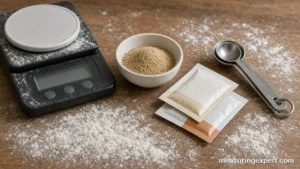 Packets and a bowl of dry yeast ready to convert yeast measurements