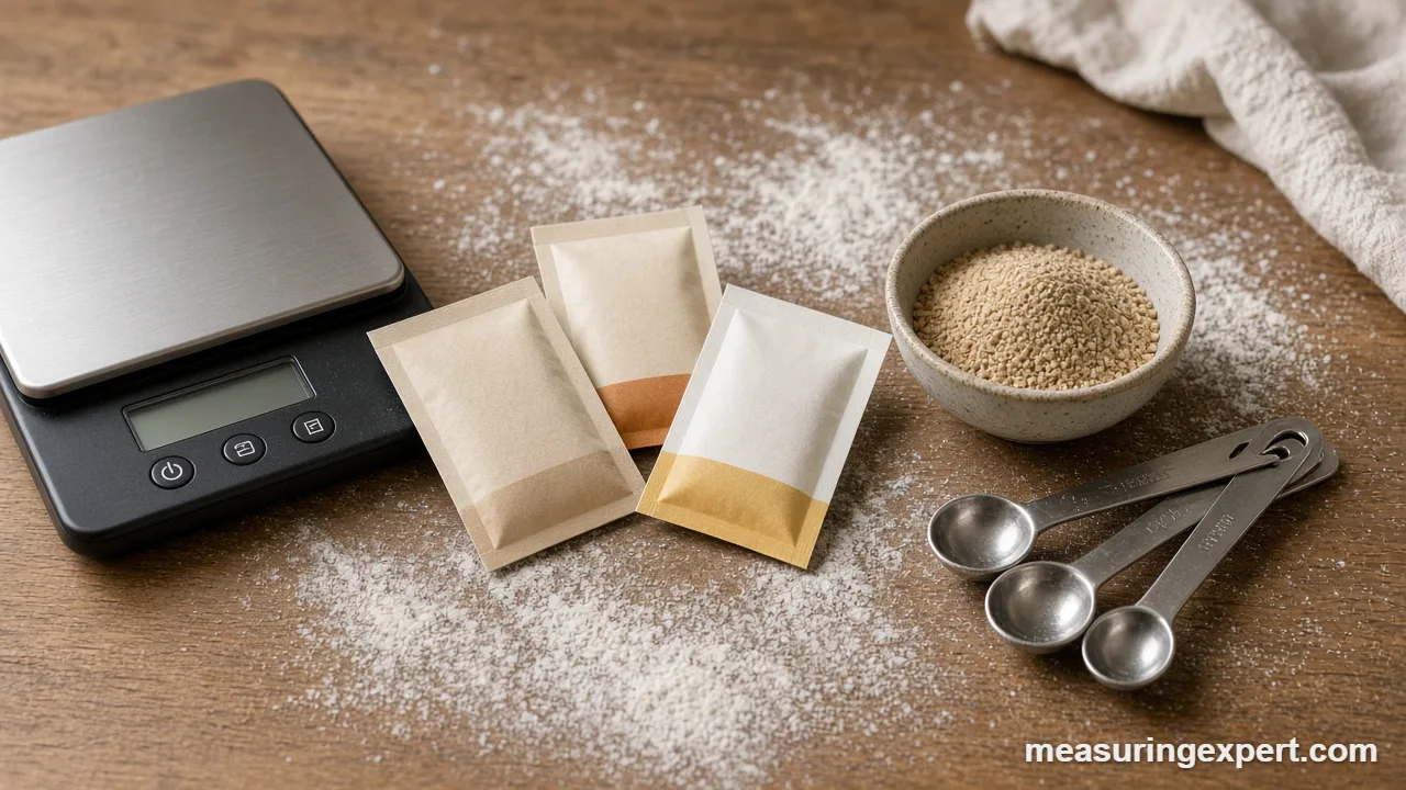Digital scale and measuring spoons used to convert yeast measurements