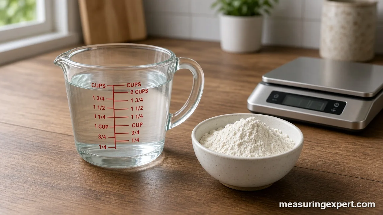 Cups in 16 oz: a glass measuring cup filled to the 2-cup line beside a kitchen scale