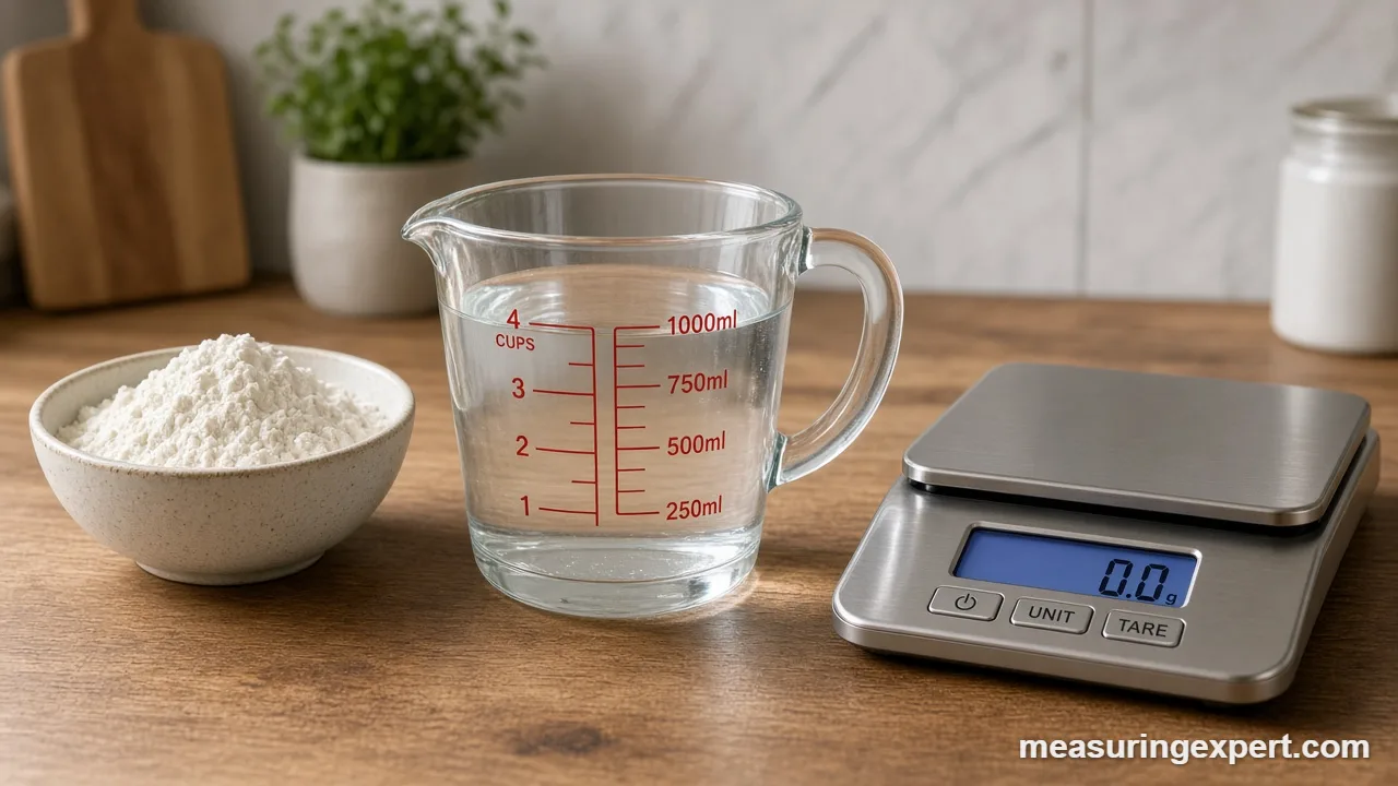 Weighing flour on a kitchen scale to compare cups in 16 oz by weight