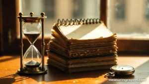 A decade of calendars beside an hourglass and pocket watch
