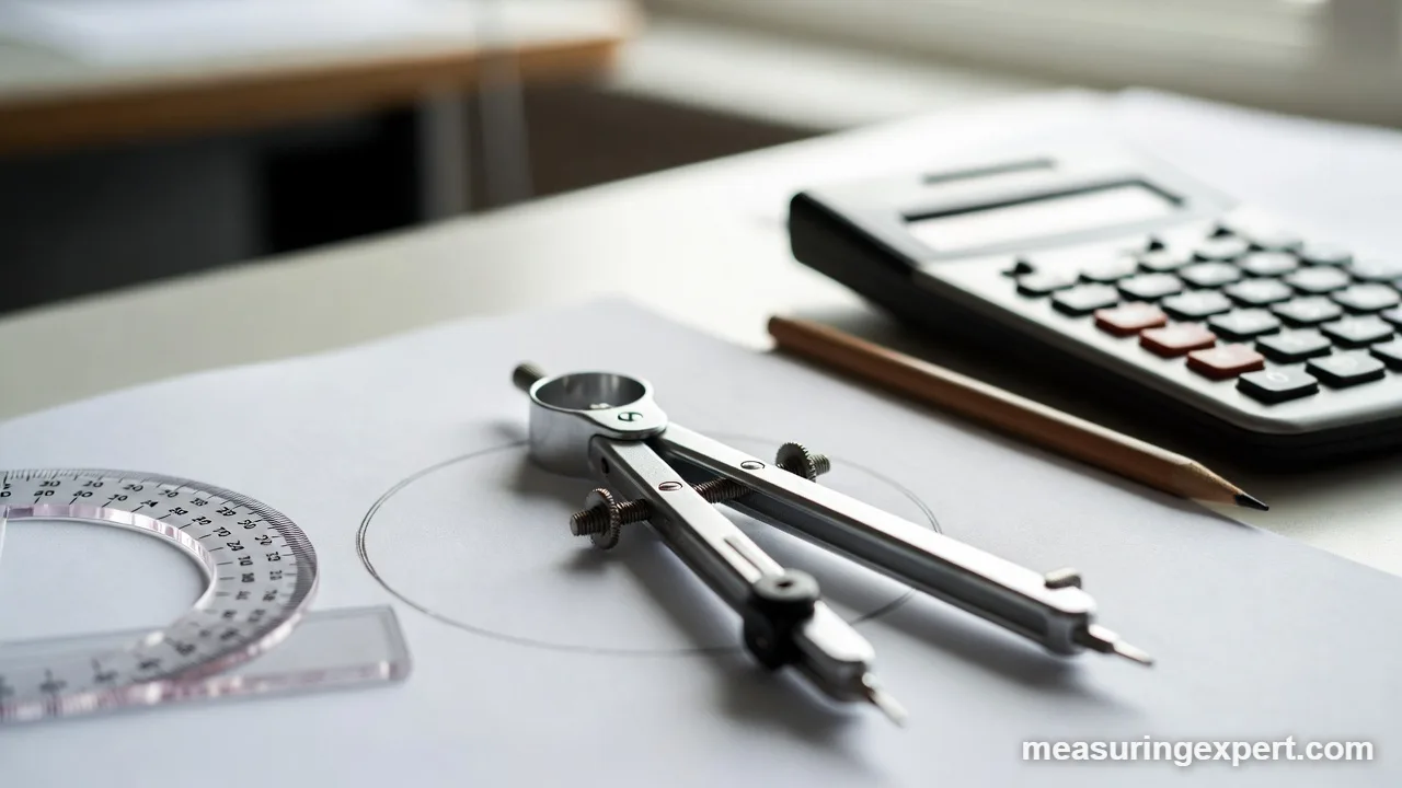 Compass, protractor and calculator for converting degrees to radians