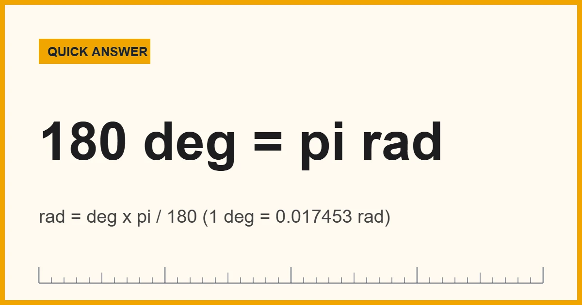 Degrees to radians quick answer: multiply degrees by pi over 180, so 180 degrees equals pi radians