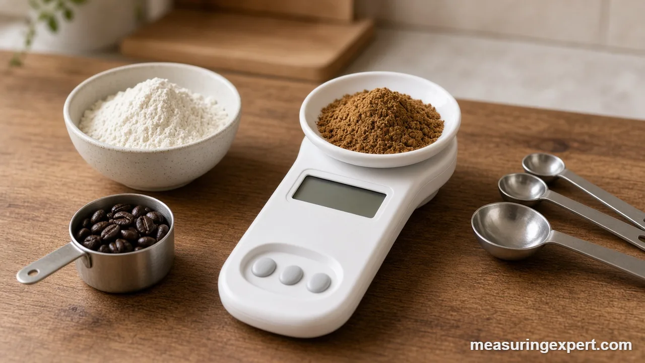 Best digital measuring spoons next to stainless spoons and coffee beans