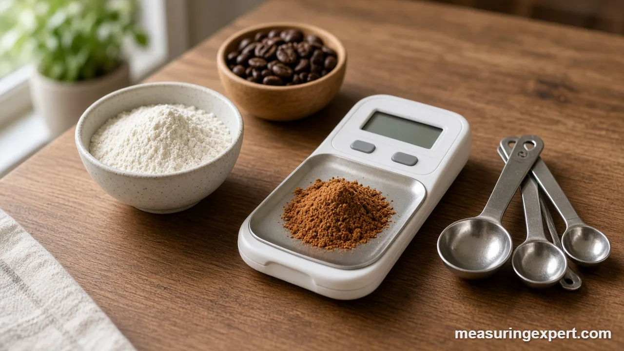 Digital spoon scale beside a small bowl of flour