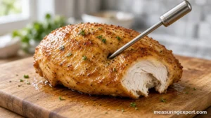 Digital thermometer for cooking inserted into a roasted chicken breast