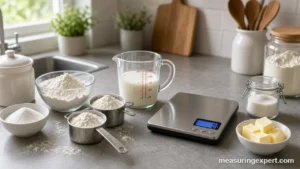 Dry and liquid measurements on a kitchen counter